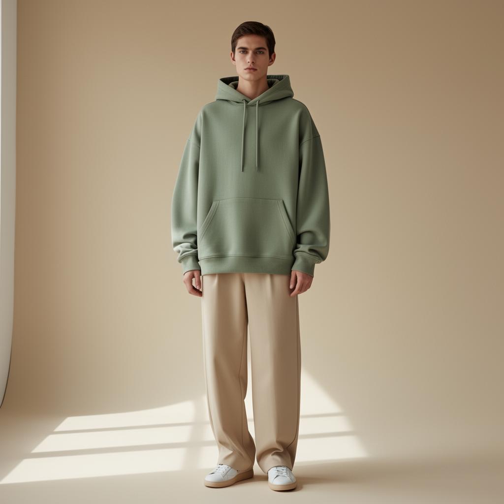 Tlembrand model wearing sage green hoodie
